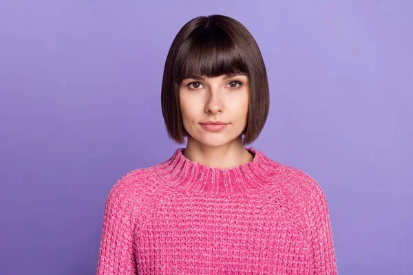 Photo of young calm peaceful good looking girl with short hair wear pink sweater isolated on purple color background