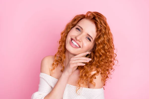 Photo of young cheerful girl happy positive smile ginger hair lovely sexy isolated over pastel color background — Stock Photo, Image