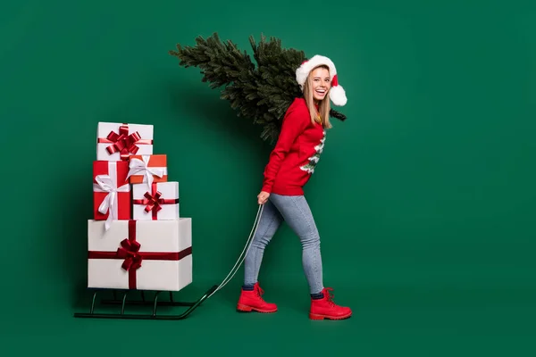 全长身材迷人、时髦、快乐的女孩，提着绿颜色背景下的圣诞树礼品盒 — 图库照片