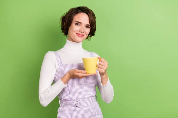 Фото молодої привабливої дівчини щаслива позитивна посмішка тримає чашку кухоль кавовий напій відпочинок ізольовано на зеленому кольоровому фоні — стокове фото