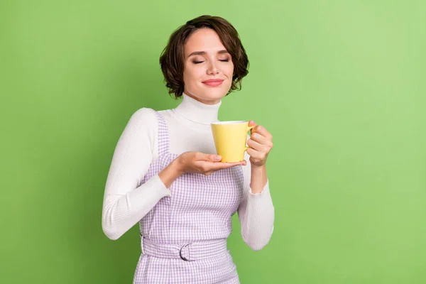 Фотопортрет жінки, посміхаючись, пахне ароматом кави, ізольований пастельний зелений колір фону — стокове фото