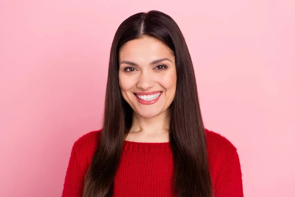 Photo of cheerful charming cute girl toothy beaming smile wear red sweater isolated pink color background — Stock Photo, Image