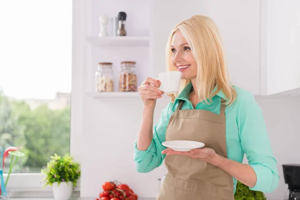 Profiel zijkant foto van volwassen aantrekkelijke vrouw gelukkig positieve glimlach drinken thee kopje droom ontspannen keuken huis — Stockfoto