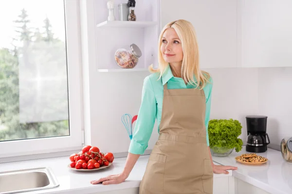 Perfil da foto lateral da mulher atraente madura feliz sorriso positivo sonho pensar olhar espaço vazio receita cozinha dentro de casa — Fotografia de Stock