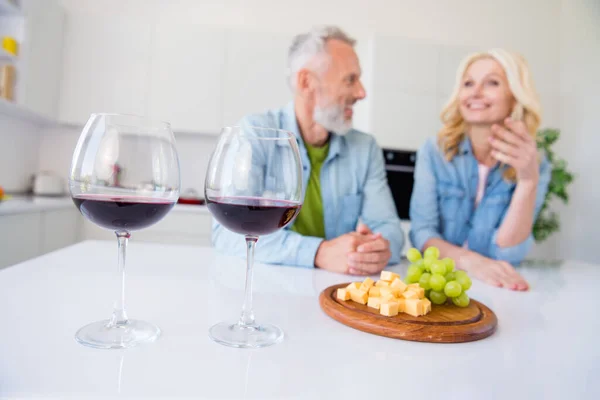 Zdjęcie dwojga żonatych ludzi rozmawiających ze sobą pijących kieliszek do wina jedzących przystawki serowe i winogronowe produkty ekologiczne — Zdjęcie stockowe