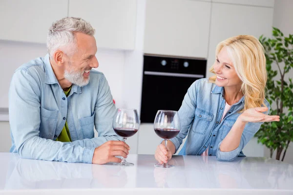 Foto de bela esposa sorridente linda conversando ter conversa com o marido beber vinho comemorar aniversário — Fotografia de Stock