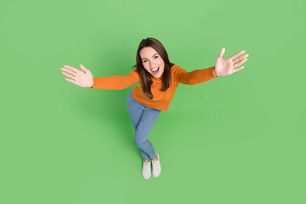 Top above high angle full length body size view of attractive cheerful girl resting dancing having fun isolated over green color background — Stok Foto