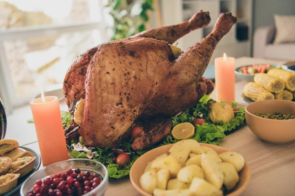 祭りのグリルローストチキン七面鳥料理の食事は、テーブルカスタムお祝いのロマンスの夜の日付異なるメニュー国内レシピを提供 — ストック写真