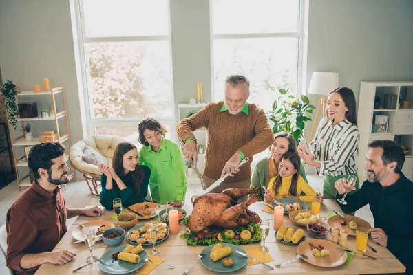 Πορτρέτο των ελκυστικών χαρούμενα αξιολάτρευτο μεγάλο πλήρες οικογενειακό κόψιμο εξυπηρετούν ψητό γεύμα πιάτο γαλοπούλας στο σπίτι σε εσωτερικούς χώρους — Φωτογραφία Αρχείου
