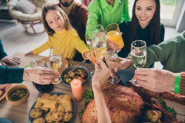 Photo of positive adorable family celebrating thanks giving day sitting table telling toast smiling indoors room home — Stock Photo, Image