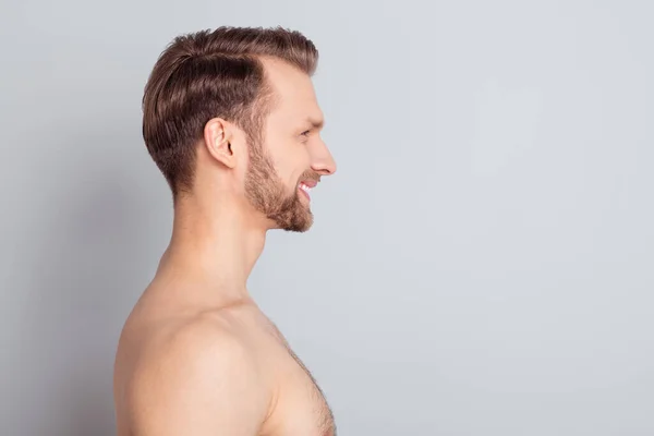 Profile photo of sexy blond hairdo guy look empty space without clothes isolated on grey color background — Stock Photo, Image