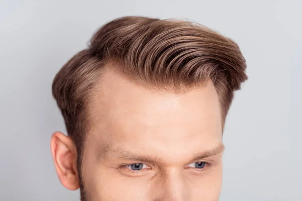 Cropped photo of young blond hairdo guy isolated on grey color background — Stock Photo, Image