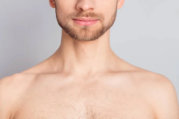 Photo of pretty charming young guy neck no clothes smiling isolated grey color background — Stock Photo, Image