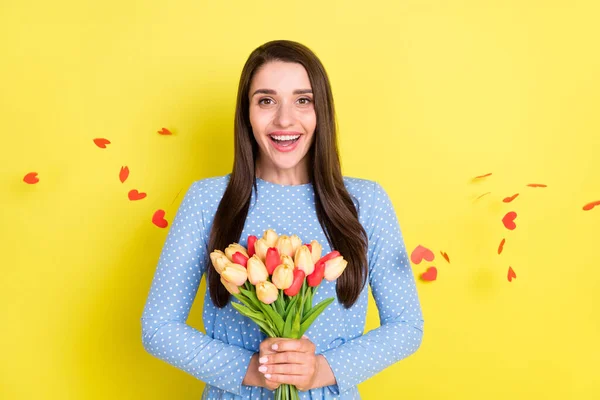 Foto de adorable mujer joven excitada vestida con ropa azul sosteniendo ramo sonriente aislado color amarillo fondo — Foto de Stock