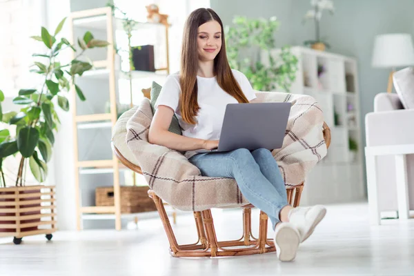 Portret van aantrekkelijk gericht vrolijk meisje zitten in stoel met behulp van laptop typen zoeken web thuis licht woonkamer binnen — Stockfoto