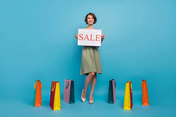 Ganzkörperfoto von positiven fröhlichen jungen Frau Hand Banner Verkauf Taschen kaufen isoliert auf blauem Hintergrund — Stockfoto