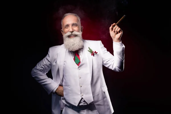 Photo of aged handsome man happy positive smile confident rich smoking addict isolated over dark color background — Stock Photo, Image