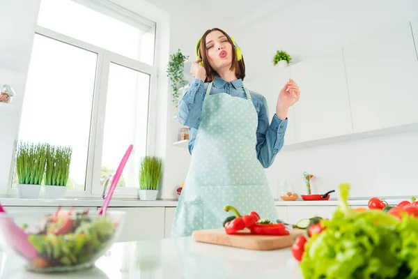 Bajo ángulo vista retrato de atractiva chica alegre de ensueño haciendo ensalada de comida escucha golpe descansando en casa luz blanca cocina interior — Foto de Stock