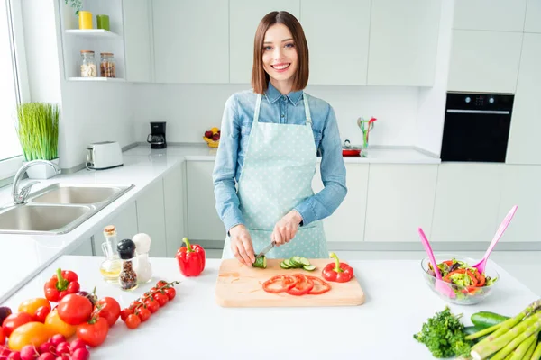 Foto mulher retrato em avental corte salada pepino fatias para prato vegan — Fotografia de Stock