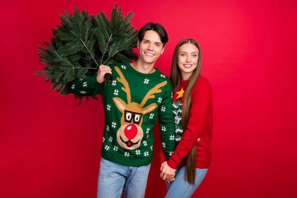 Foto van vrolijke twee vrienden houden handen man dragen x-mas boom dragen lelijke trui geïsoleerde rode kleur achtergrond — Stockfoto