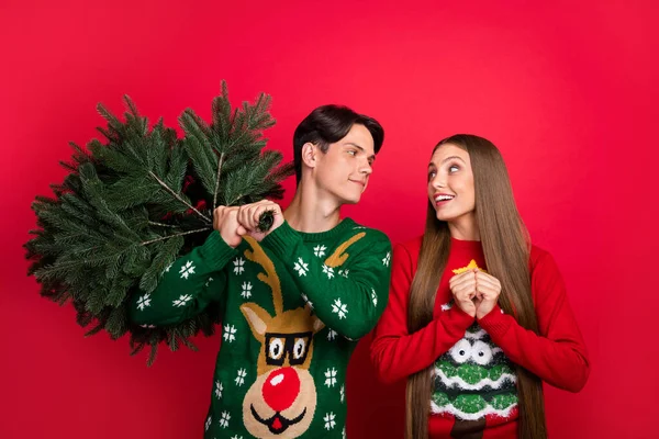 Foto van dromerig paar jongen hold x-mas boom meisje kijken hoopvol dragen lelijk pullover geïsoleerde rode kleur achtergrond — Stockfoto