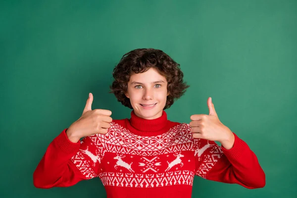 Foto von zuverlässigen Kerl heben zwei Daumen nach oben genehmigen Lösung tragen Hirsch Ornament Pullover isoliert grüne Farbe Hintergrund — Stockfoto