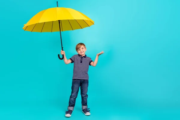 Фотографія повної довжини смішного маленького хлопчика тримайте парасольку вдягайте футболки джинси кросівки ізольовані на сльозогінному фоні — стокове фото