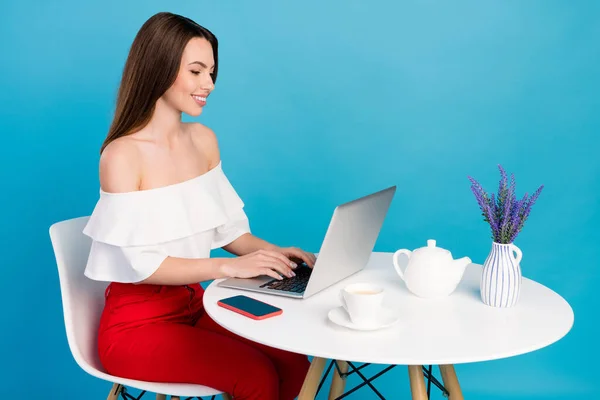 Fotografie okouzlující roztomilá mladá žena oblečená bílá blůza usměvavý sezení kavárna psaní moderní zařízení izolované modré barvy pozadí — Stock fotografie