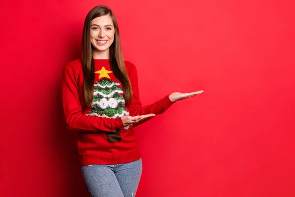 Foto de alegre jovem positivo mulher segurar as mãos espaço vazio venda temporada natal isolado no fundo cor vermelha — Fotografia de Stock
