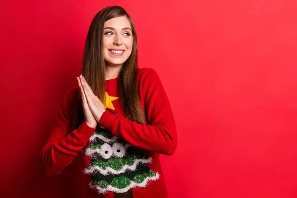 Foto de positivo jovem sonhador mulher sorriso bom humor segurar as mãos antecipar isolado no fundo de cor vermelha — Fotografia de Stock