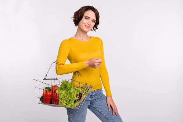 Foto da jovem mulher feliz sorriso positivo segurar cesta loja mercearia legumes isolados sobre fundo de cor cinza — Fotografia de Stock