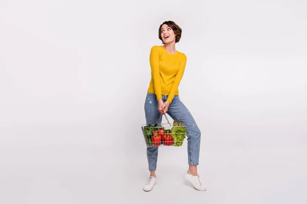 Foto de comprimento total de engraçado morena jovem senhora segurar comida olhar espaço vazio desgaste camisa jeans isolado no fundo de cor cinza — Fotografia de Stock