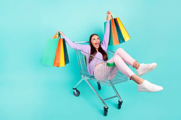 Photo of crazy shopaholic lady ride cart scream hold outfit bargains wear purple cardigan isolated teal color background