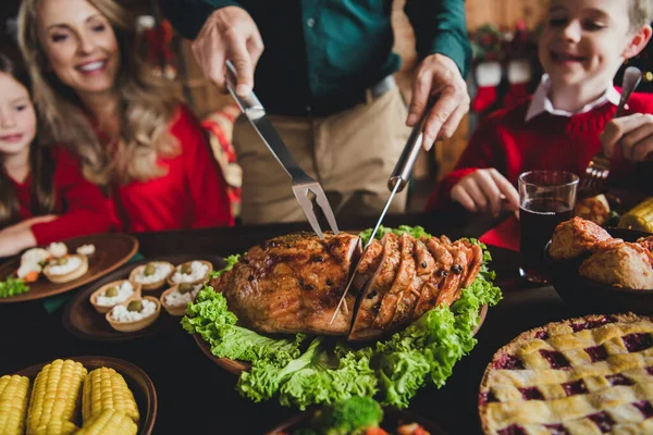 Portrait de joyeux rassemblement familial mangeant de délicieux plats gastronomiques frais à la maison à l'intérieur — Photo