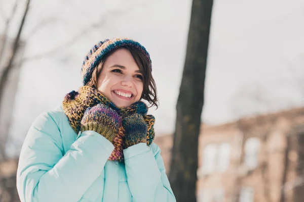 Photo of happy nice pretty charming young woman cold weekend in park good mood holiday outdoors outside — Stock Photo, Image