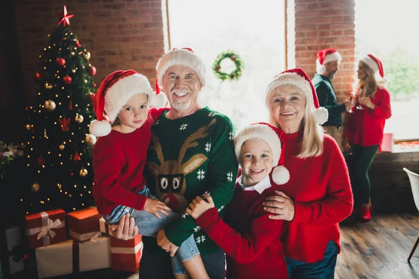 Фотопортрет бабушки и дедушки, празднующих зимние праздники вместе с внуками в красной головной убор возле елки — стоковое фото