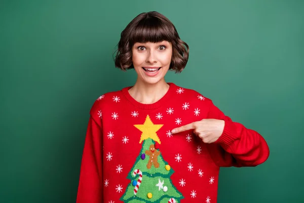 Photo of charming excited young lady wear print sweater pointing finger herself isolated green color background — Stock Photo, Image