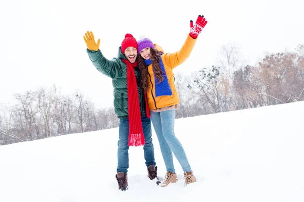 Genç çiftin tüm vücudu mutlu gülümseme kucaklaşma el sallama merhaba seyahat karlı hava — Stok fotoğraf