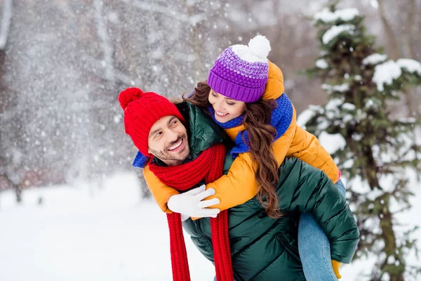 Foto av charmig söt flickvän pojkvän klädd västar leende omfamnande ridning tillbaka promenader snö utomhus skog — Stockfoto