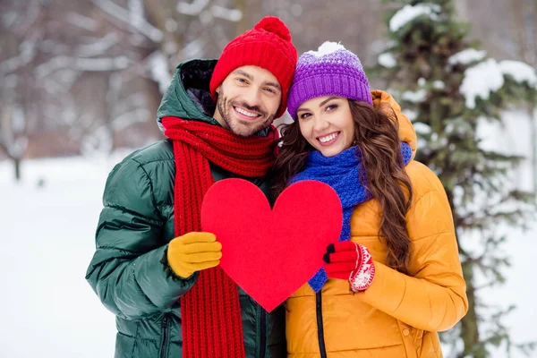 Foto av bedårande charmig flickvän pojkvän klädd västar leende kramar håller rött hjärta promenader snö utomhus skog — Stockfoto