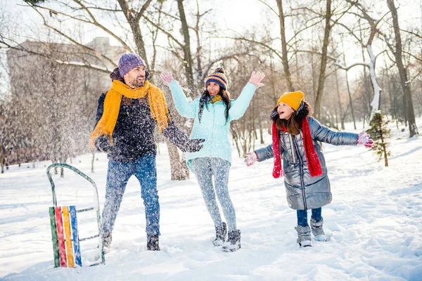 Photo pleine grandeur de bonne humeur heureuse excitée famille funky profiter des vacances d'hiver à l'extérieur jeter de la neige en s'amusant — Photo