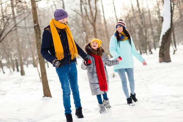 Mutlu bir gülümseme anneciğinin kızı el ele tutuşup parkta karlı bir yürüyüş yapıyor. — Stok fotoğraf