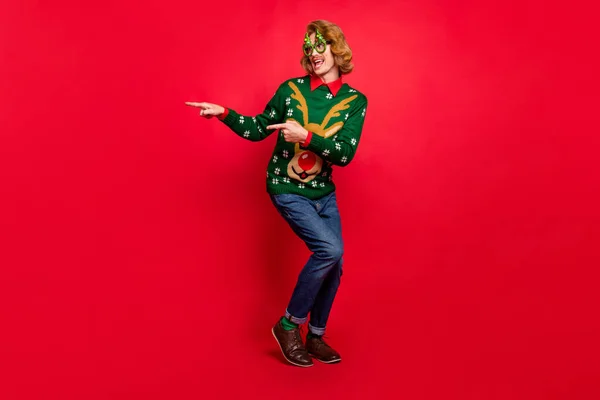 Full length body size view of attractive funky cheerful guy dancing fooling isolated over bright red color background — Stock Photo, Image