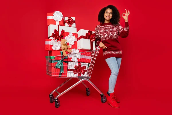 Фото солодкої блискучої леді носити принт пуловер купити подарунки, що показують знак дуба, посміхаючись ізольований червоний колір фону — стокове фото