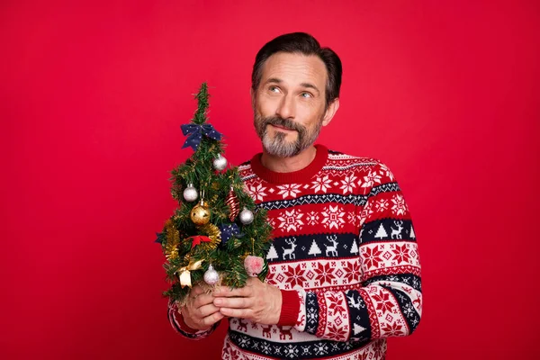 Foto ritratto uomo con piccolo albero di Natale decorato in vacanza cercando copyspace sognante isolato vibrante colore rosso sfondo — Foto Stock