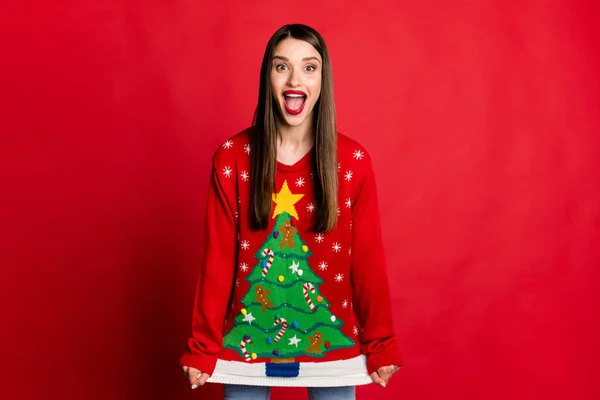 Portrét atraktivní veselá bláznivá dívka na sobě festal jumper baví izolované přes jasně červené barvy pozadí — Stock fotografie