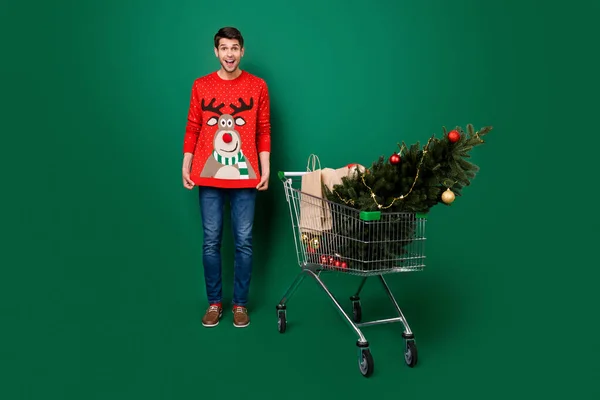 Πλήρης φωτογραφία μεγέθους του νεαρού άνδρα ευτυχής θετικό χαμόγελο show jumper τρόλεϊ ψώνια την παραμονή της Πρωτοχρονιάς απομονώνονται σε πράσινο χρώμα φόντο — Φωτογραφία Αρχείου