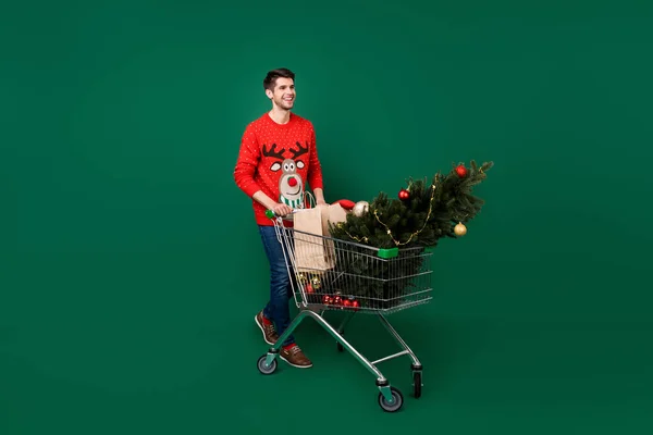 フル長ボディサイズビューの魅力的な陽気な男運ぶモミの木のショッピング冬隔離された緑の色の背景 — ストック写真