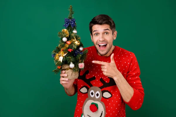 Foto Porträt Mann trägt lustige Pullover Zeigefinger Weihnachtsbaum starrt verrückt isoliert grüne Farbe Hintergrund — Stockfoto