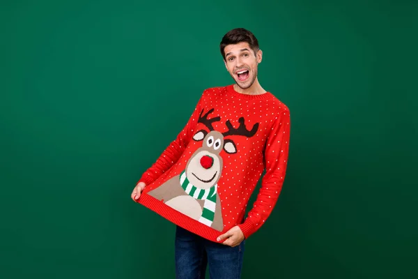 Portrait of attractive cheerful funky guy demonstrating funny deer ornament jumper isolated over green color background — Stock Photo, Image